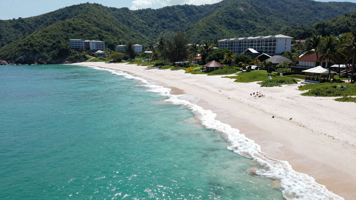 Mandalika coastline with beaches, hills, and resorts.