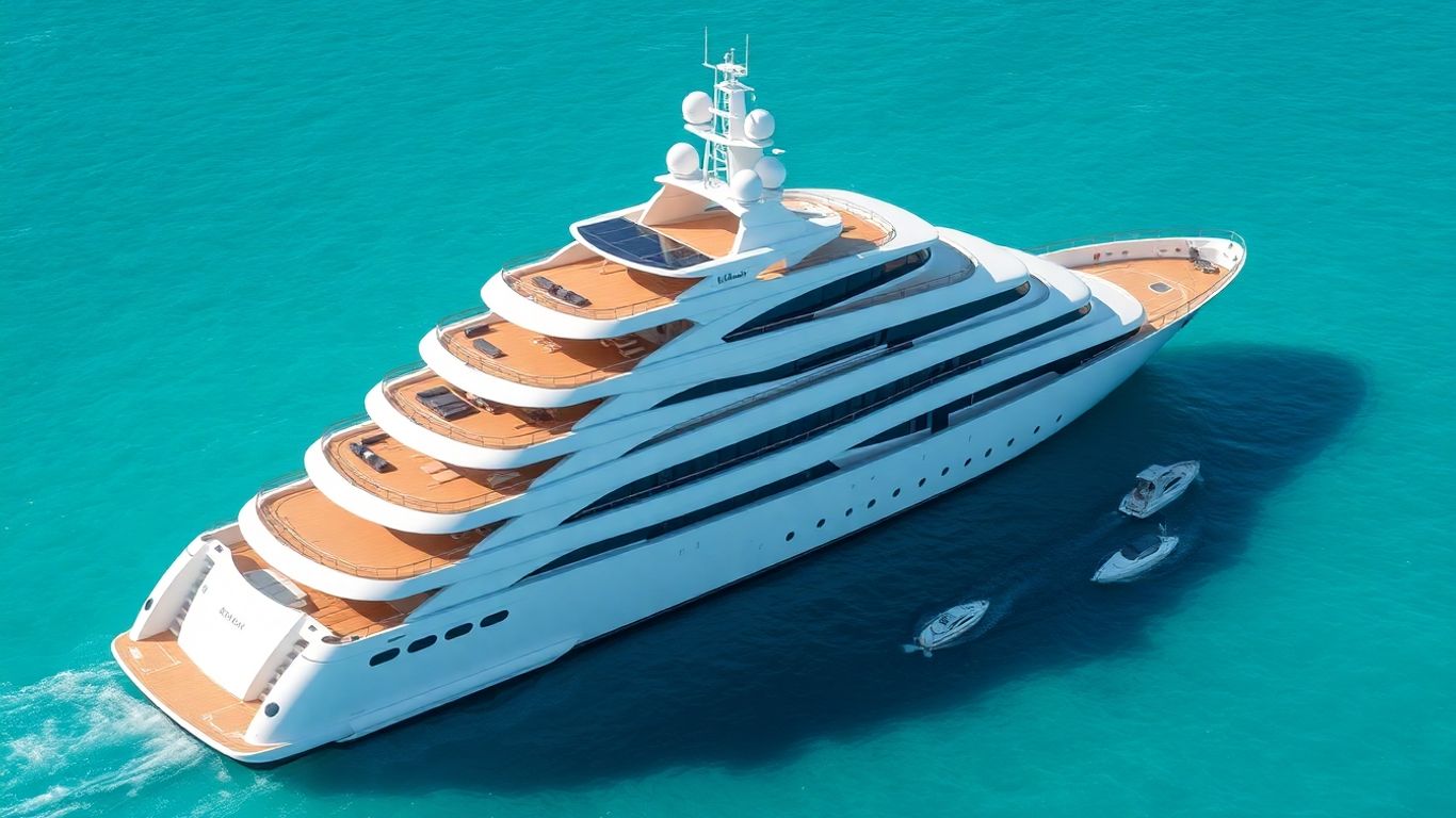 Luxurious superyacht with tenders and helipad on the ocean.