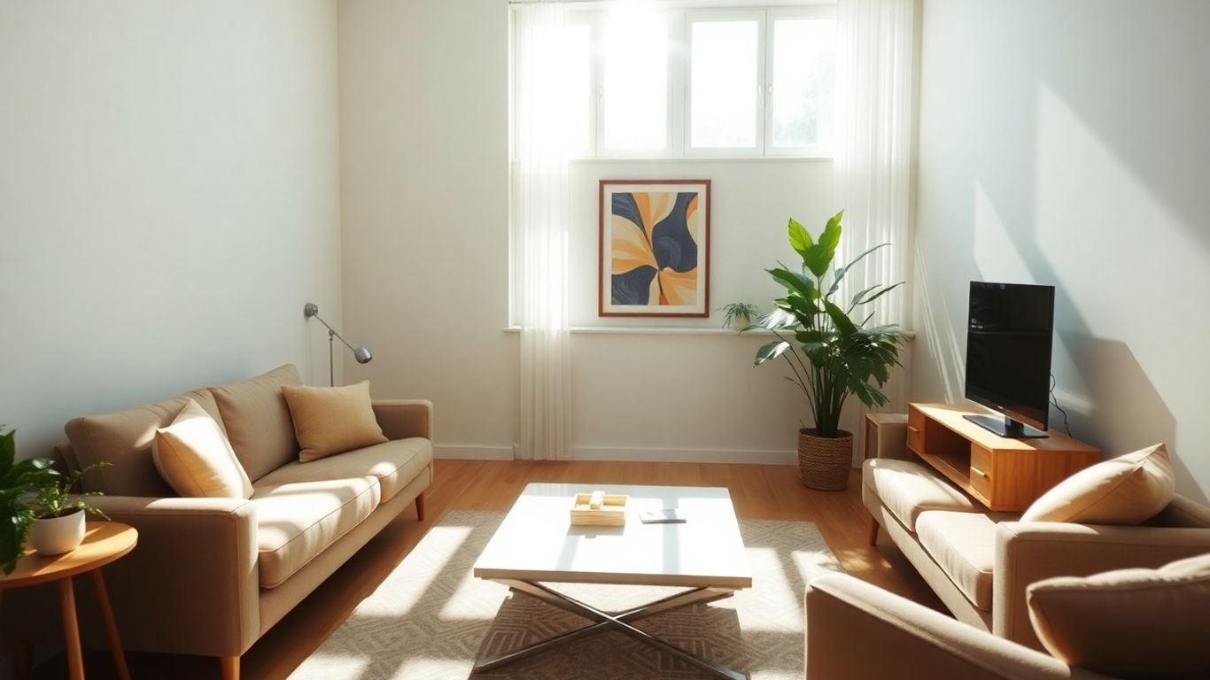 Sala de estar luminosa y acogedora con luz natural.