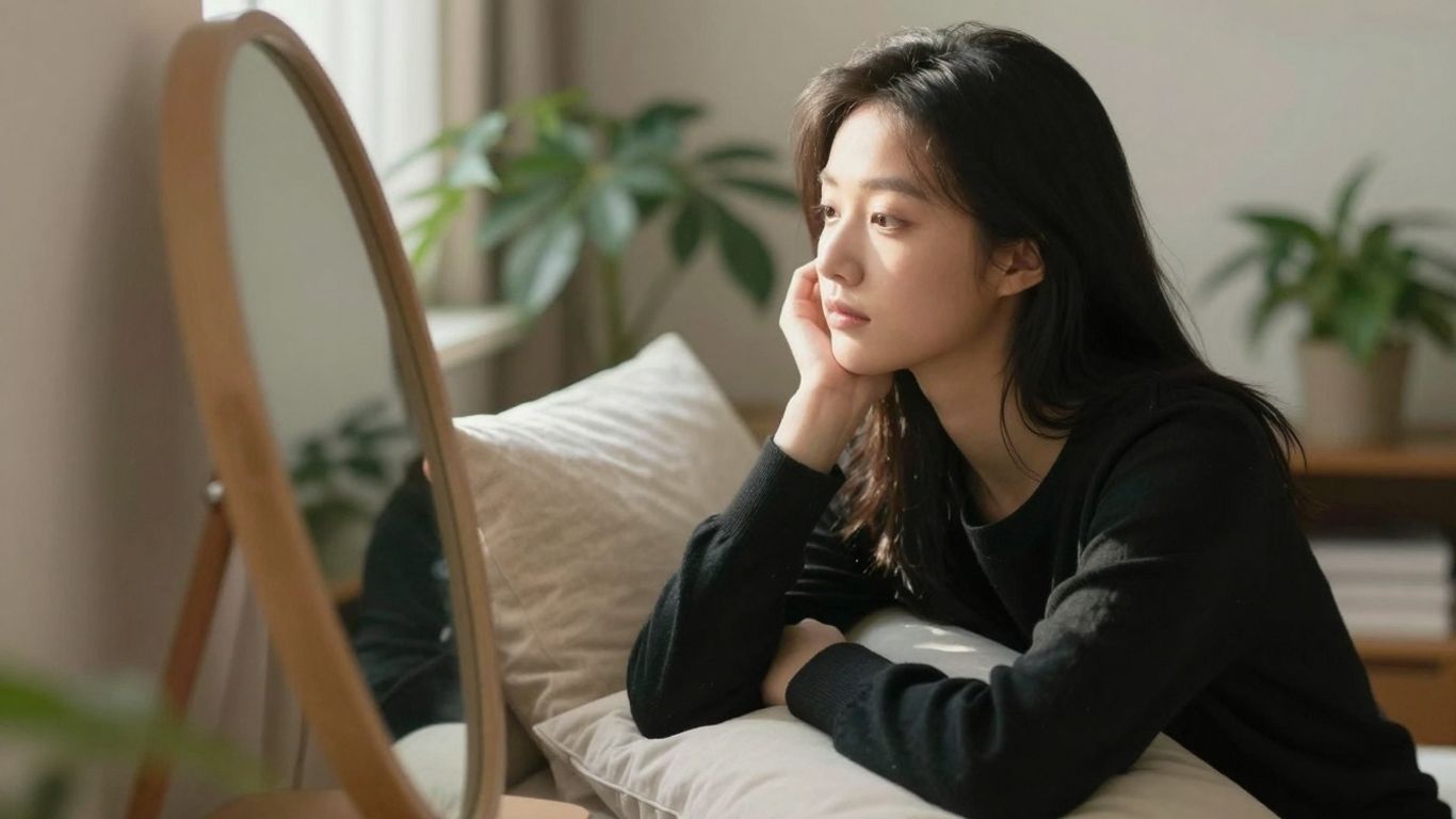 Femeie tânără privind la reflecția ei în oglindă