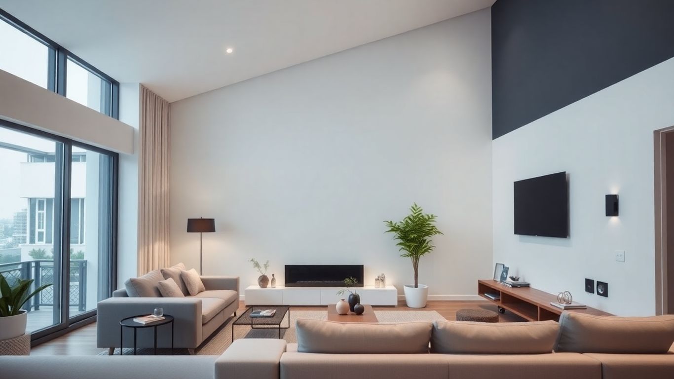 Modern living room with integrated smart home technology.