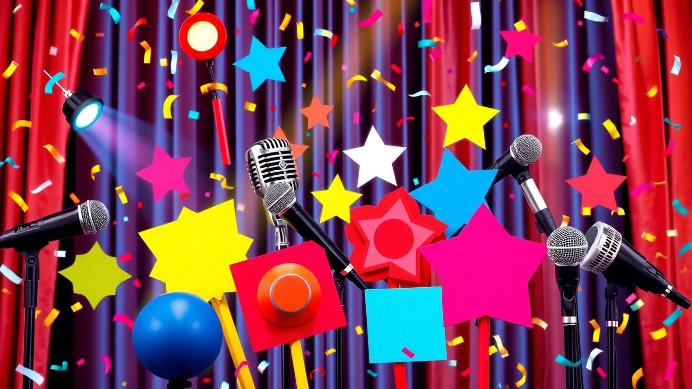 Bright, energetic stage props for comedy.