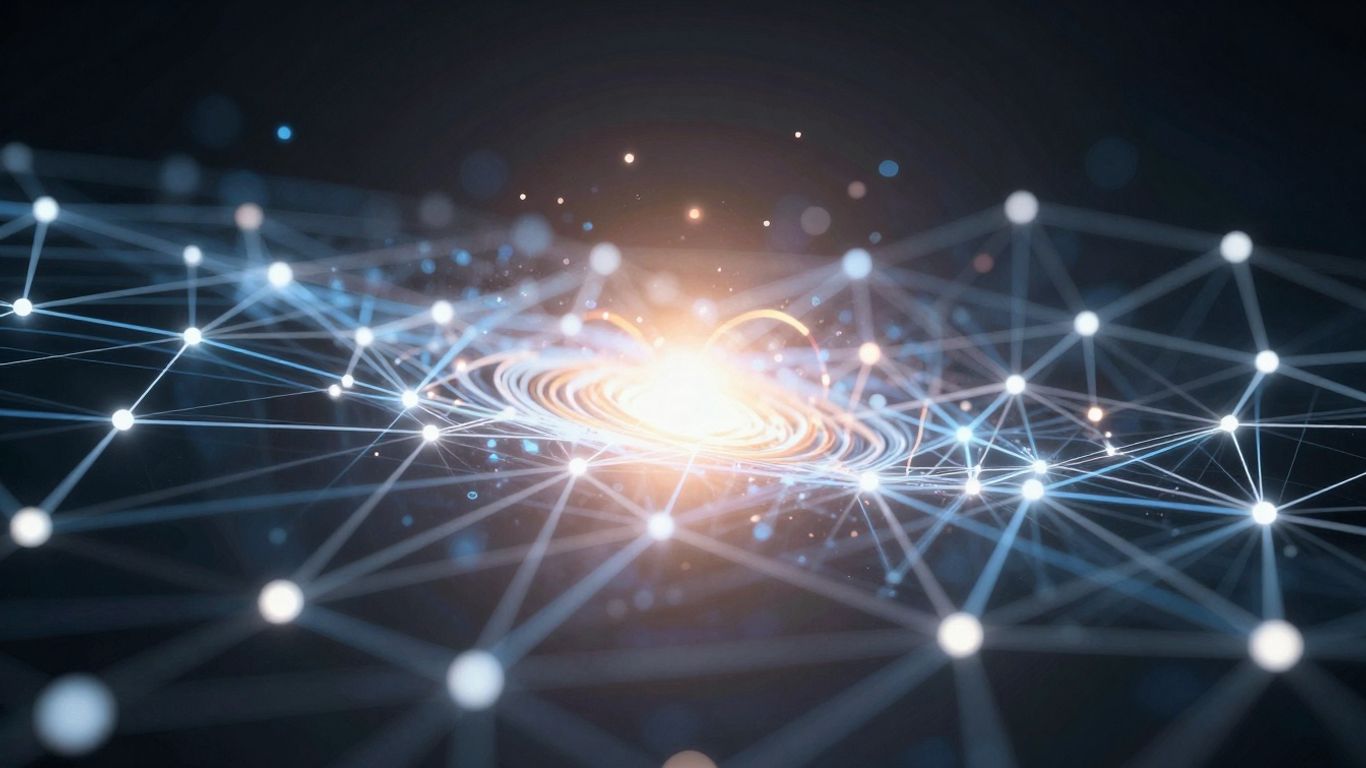 Réseau numérique dynamique avec des nœuds connectés et un cœur lumineux.