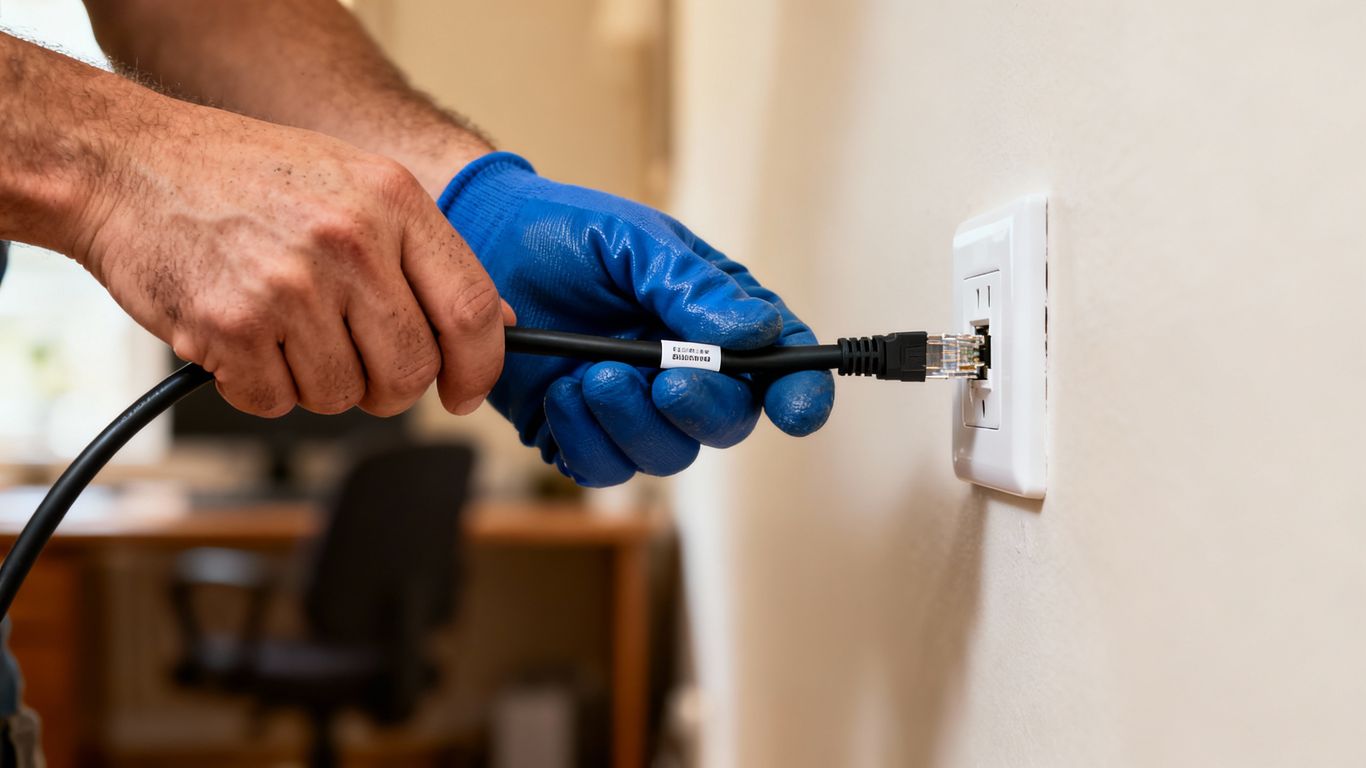 Technician connecting an Ethernet cable to a wall port.
