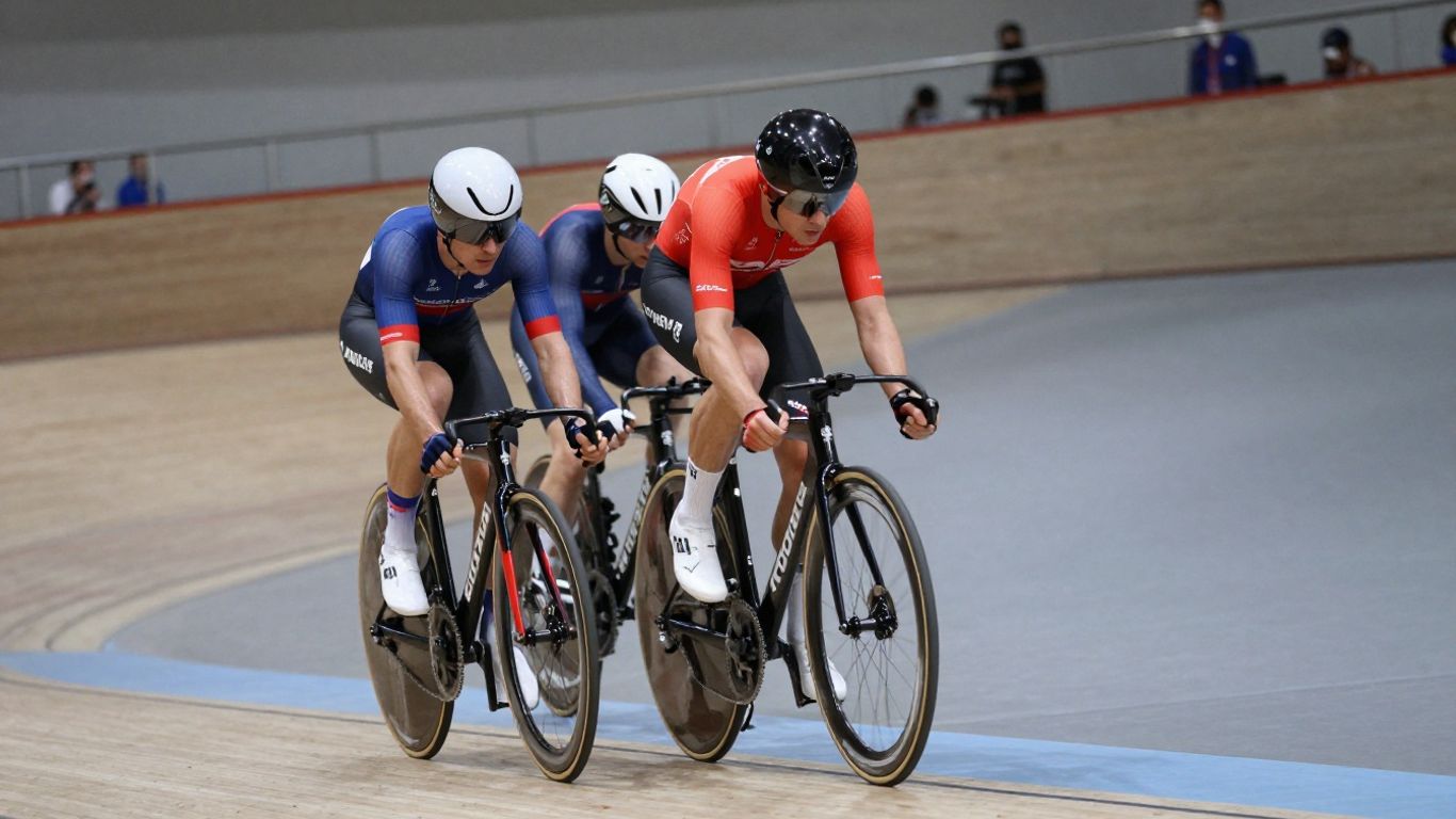 Cicliști moderni concurând pe o pistă asfaltată.