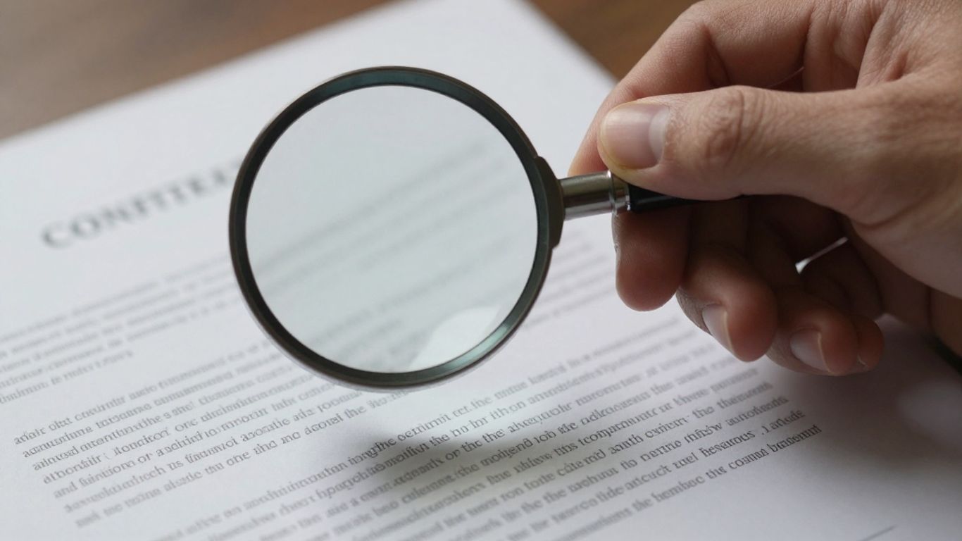 Magnifying glass over insurance contract document.