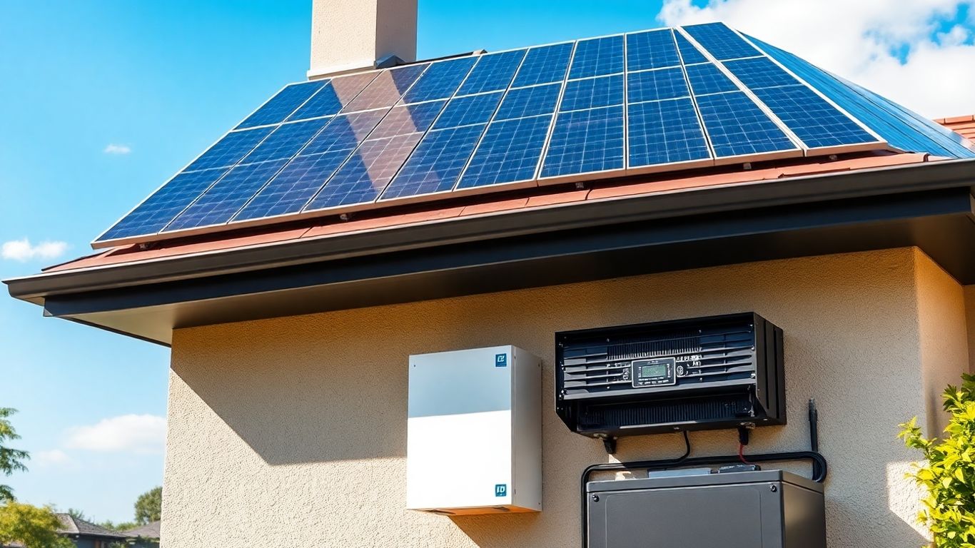 Solar panels, hybrid inverter, and solar battery on a roof.