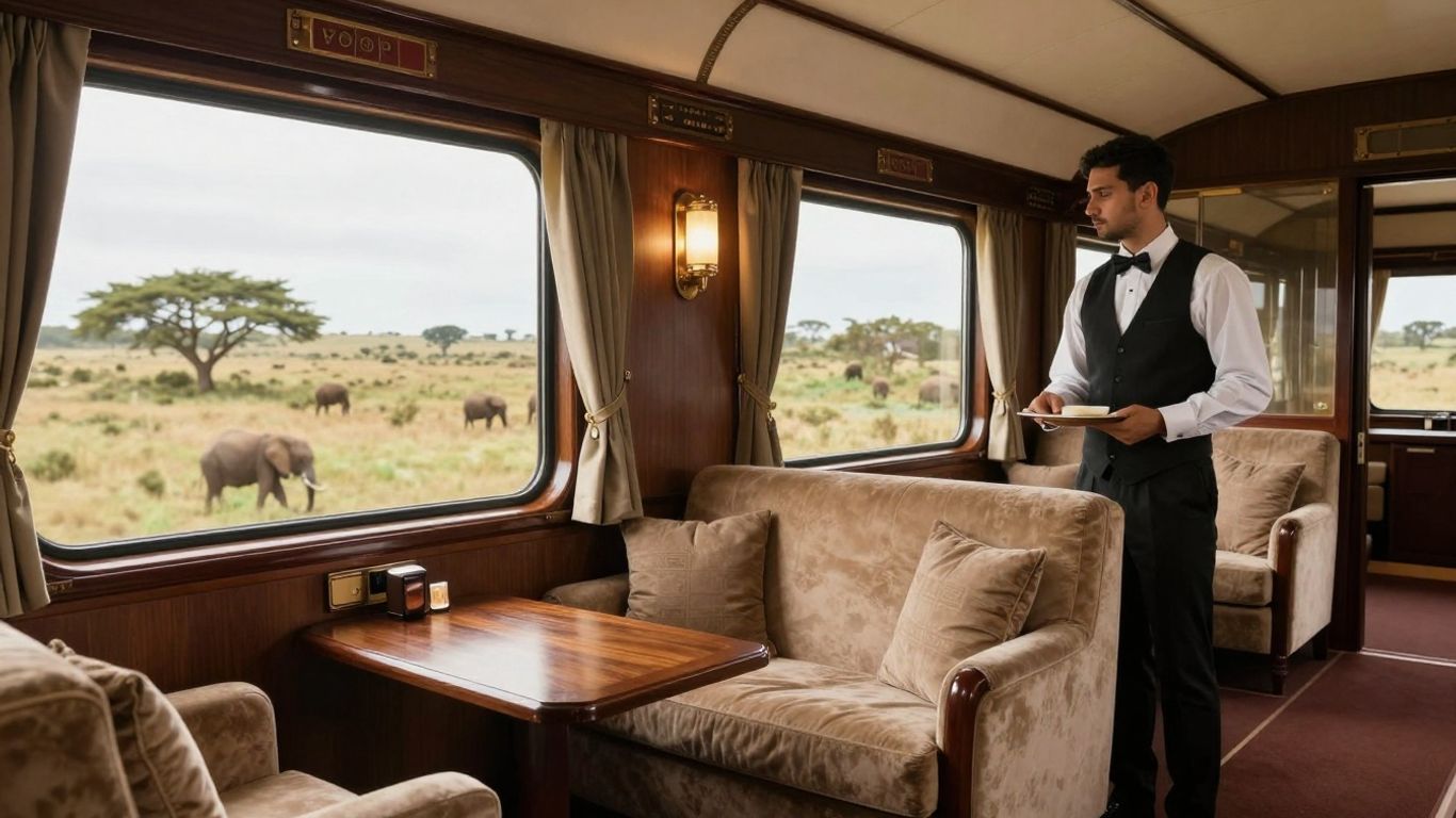 Rovos Rail private suite interior with safari windows and butler.
