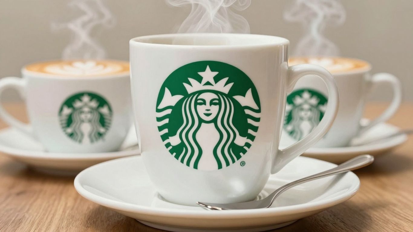 Starbucks logo with coffee cups and latte art.