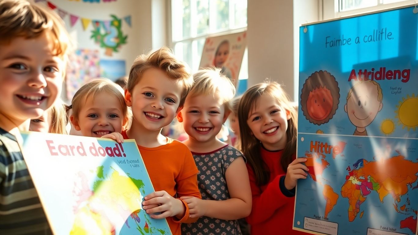 Children happily holding personalized posters