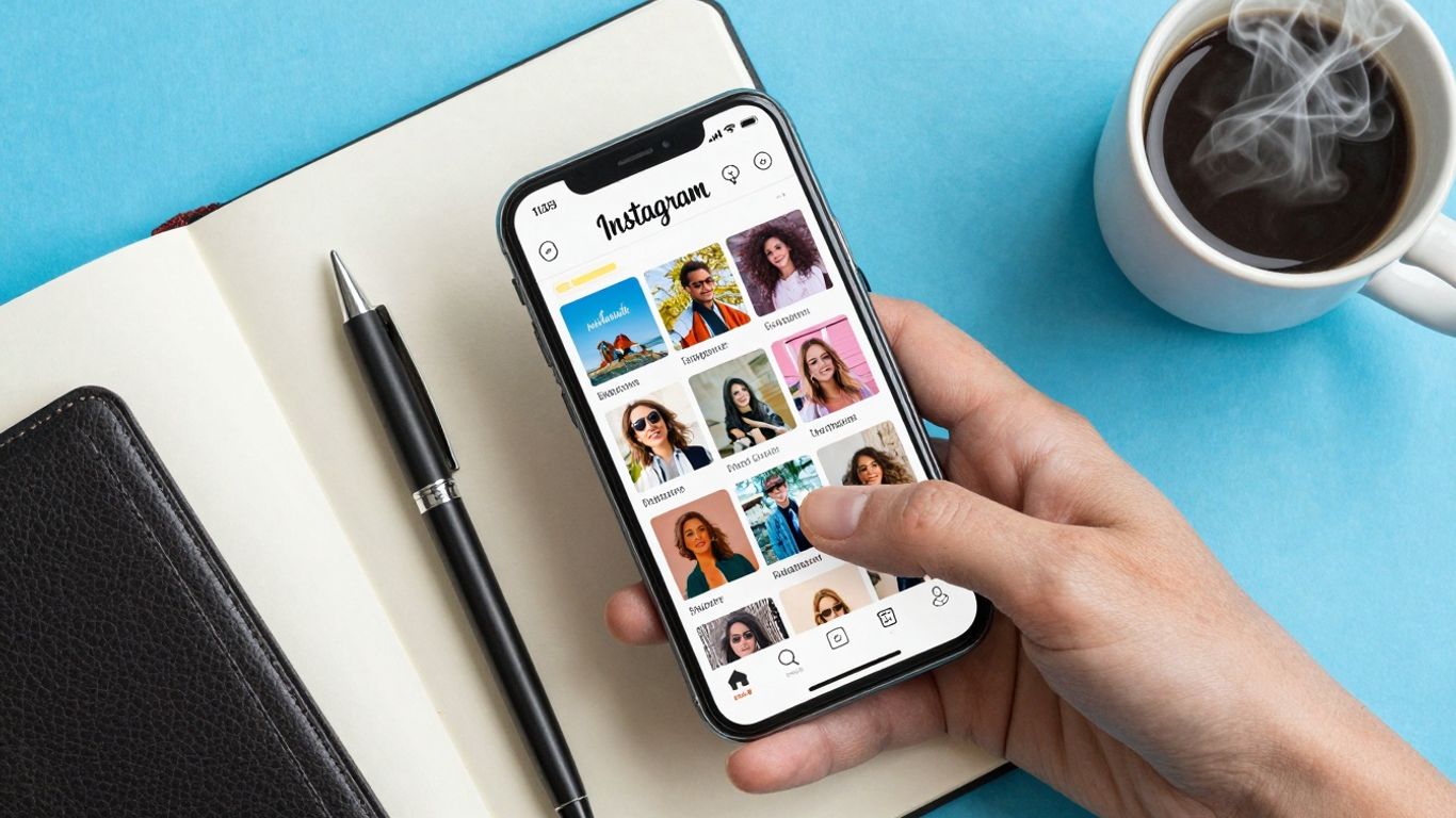 Smartphone with Instagram feed, notebook, pen, and coffee.