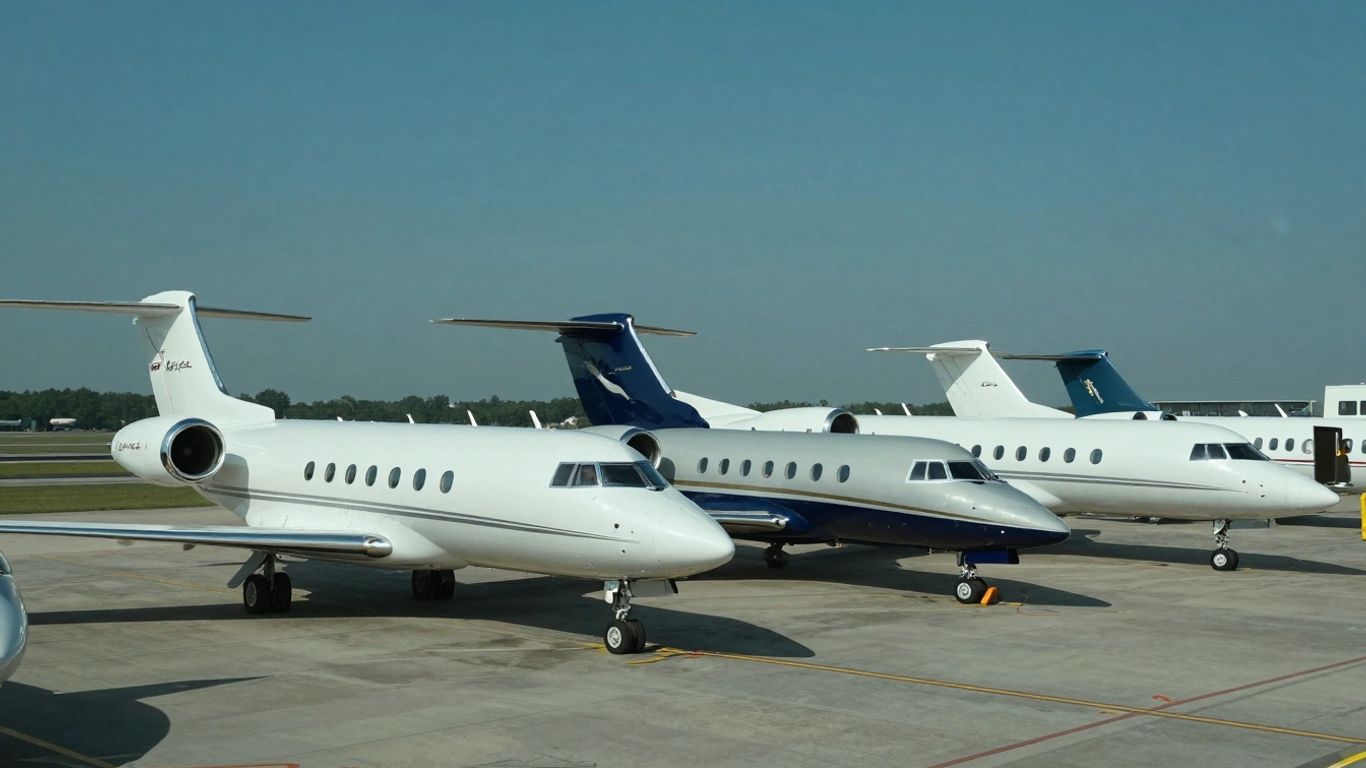Fleet of charter airplanes on a sunny tarmac.