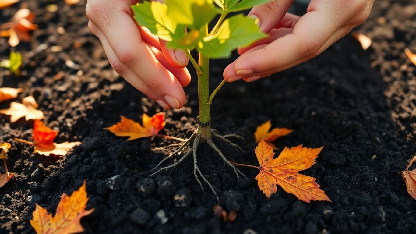 Hände pflanzen Obstbaum im Oktober Boden Herbstlaub