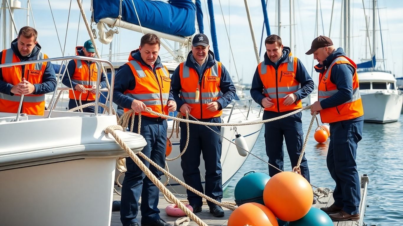 Team working on moorings in a marina.
