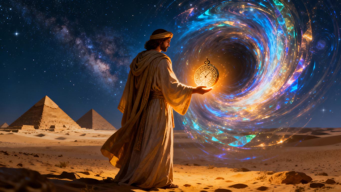 Biblical figure before time vortex, pyramids in background.