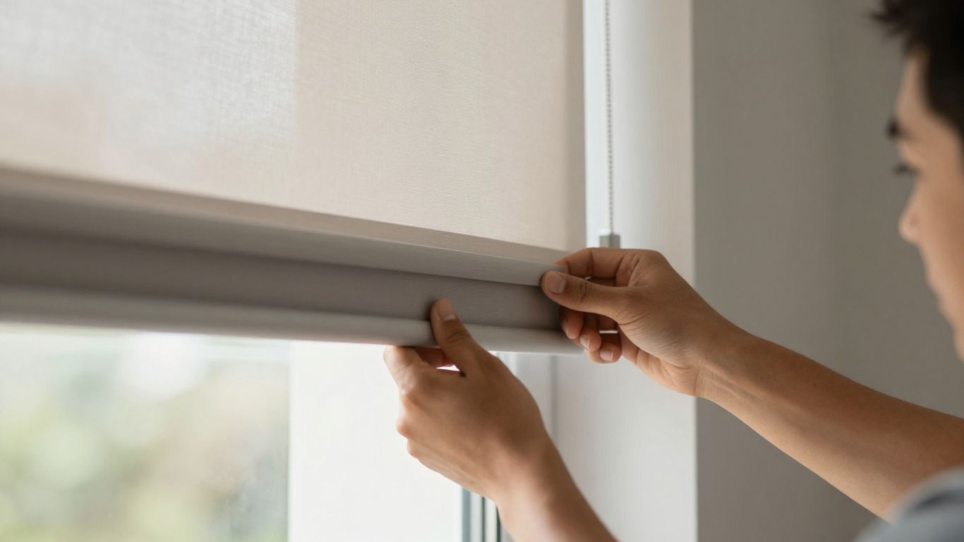 Person installing custom window shades in a home, demonstrating professional window treatment installation for energy efficiency and style in Westfield, IN.