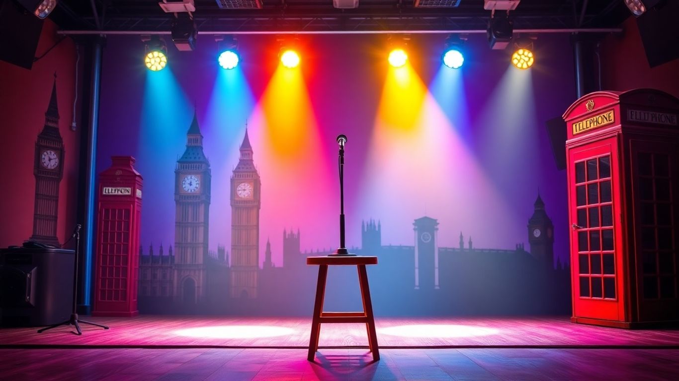 British comedy stage with microphone and colourful spotlights