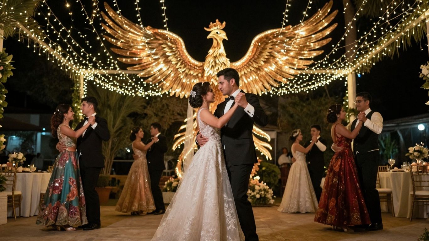 Couple dancing under fairy lights at a magical wedding.