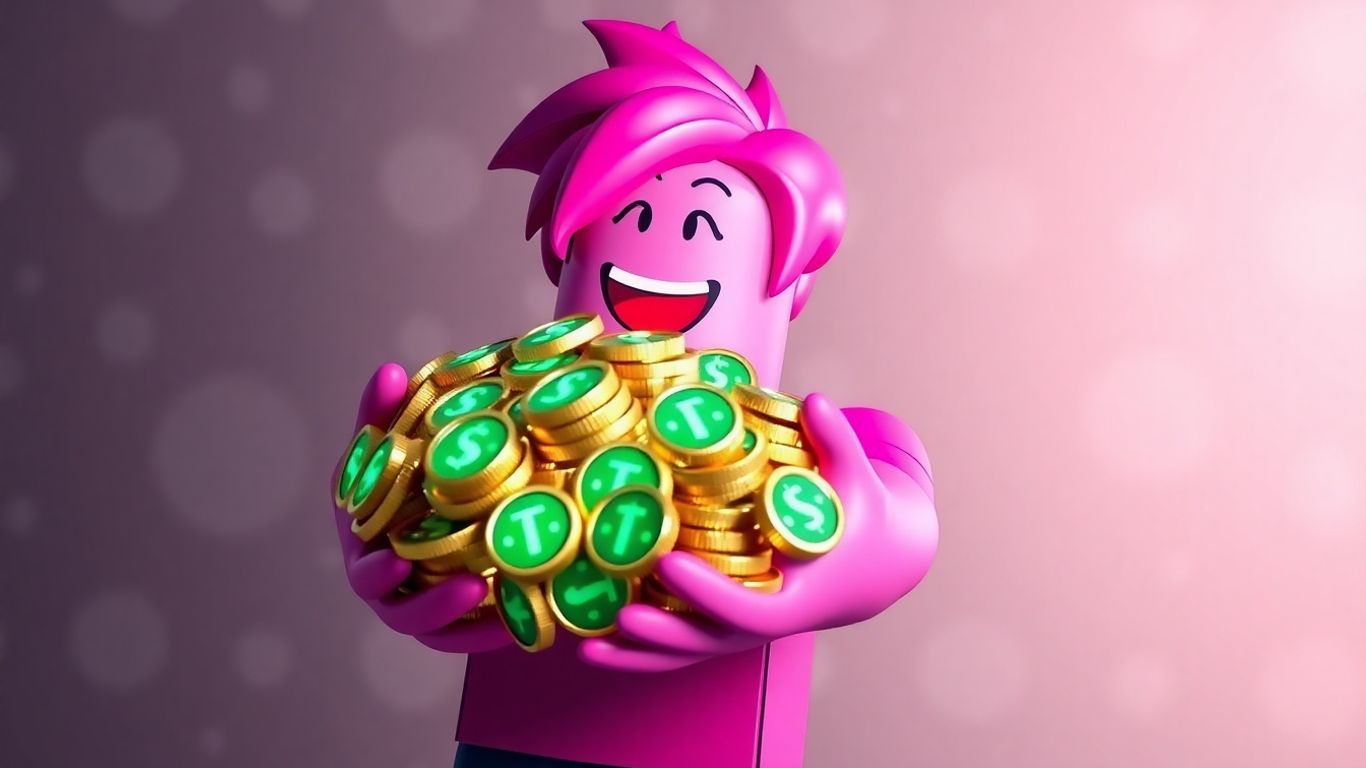 Avatar feliz com moedas de Robux brilhantes.