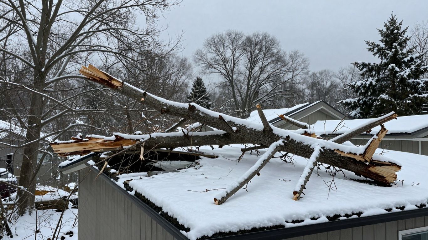 Broken tree branch on a snow-covered damaged roof.