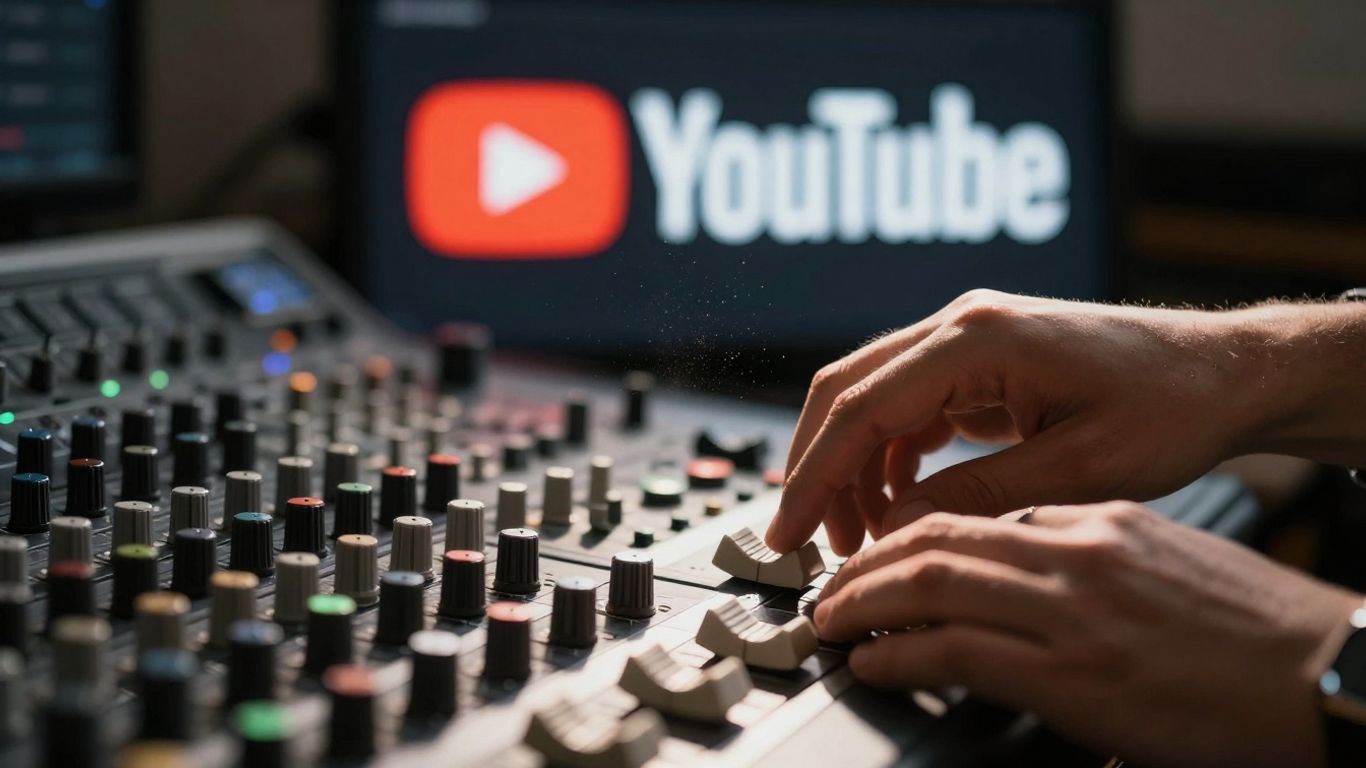 Producer working on music with YouTube logo.