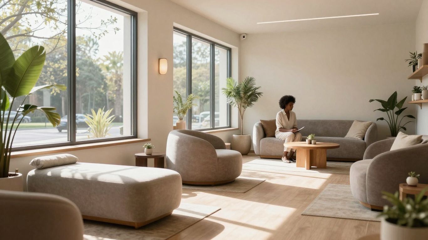Modern wellness center interior with natural light and consultation area.