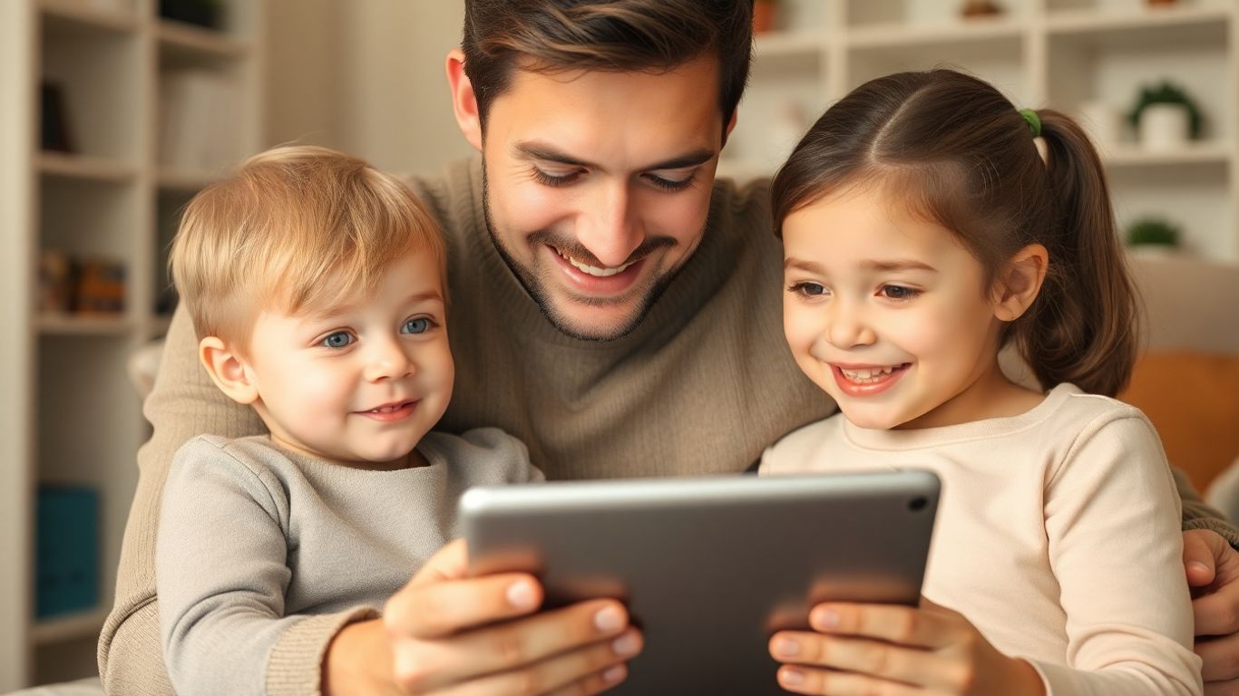 Părinte și copil interacționând cu tehnologia