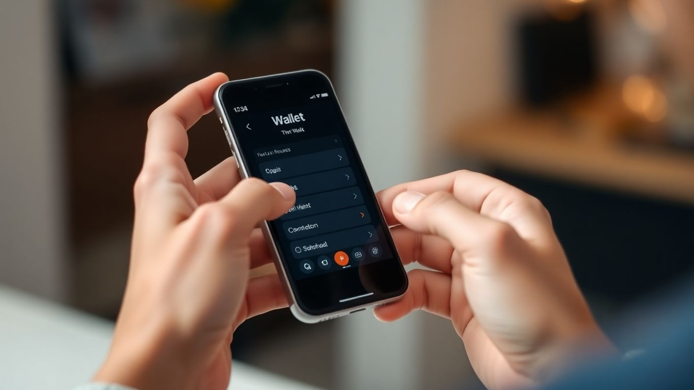 Hands holding smartphone with blockchain wallet on screen.