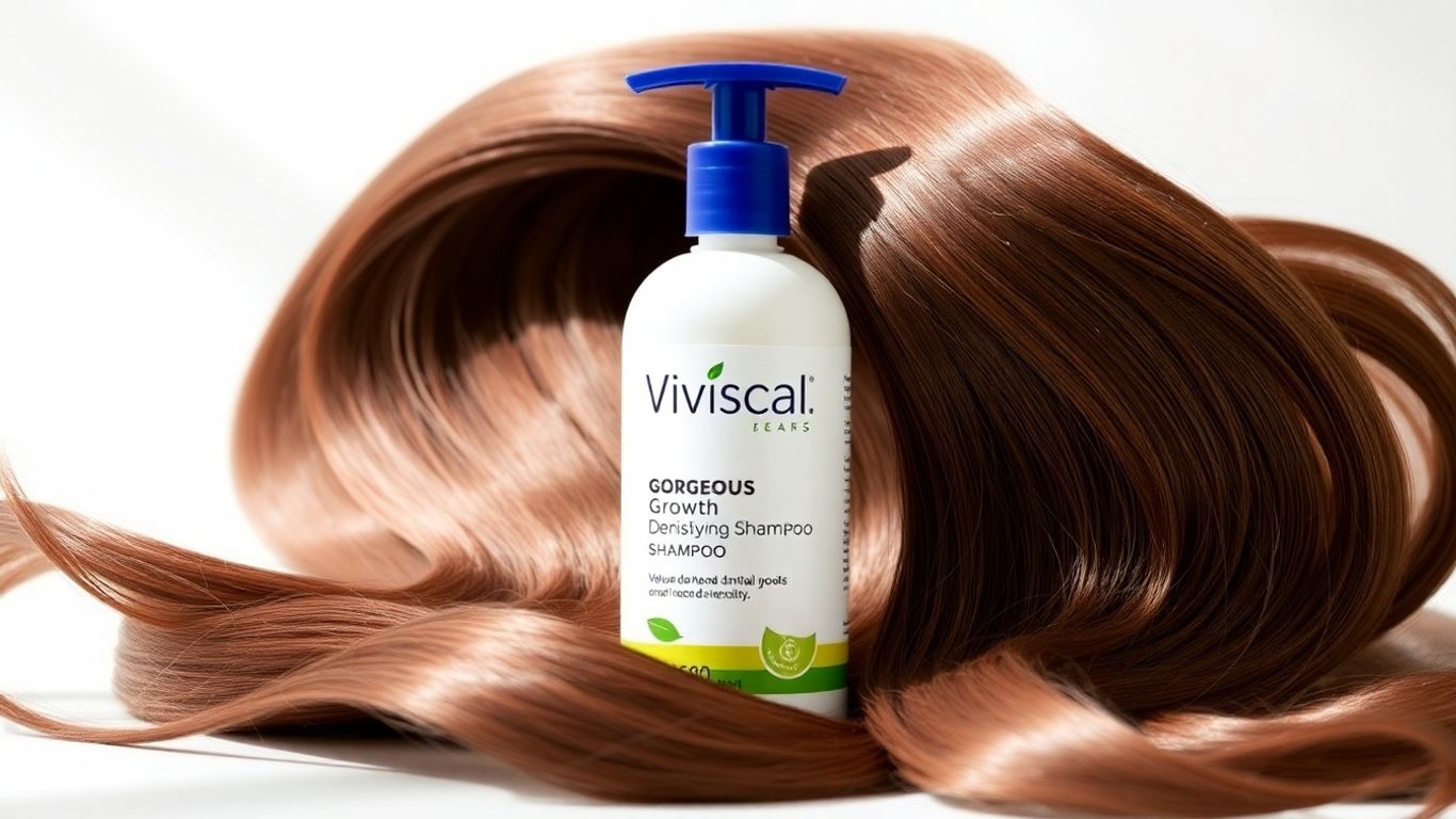 Viviscal shampoo bottle with healthy hair strands