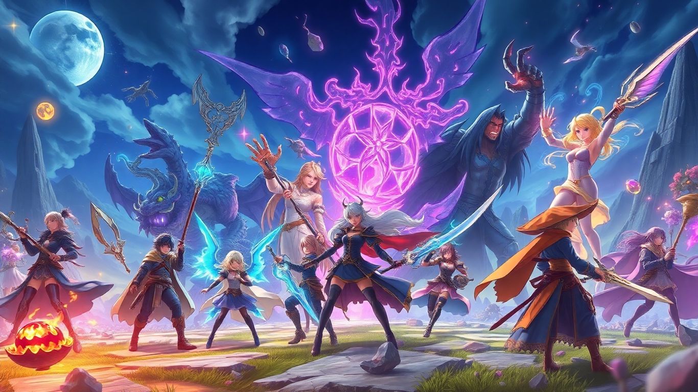 Epic RPG characters in dynamic fantasy game landscape