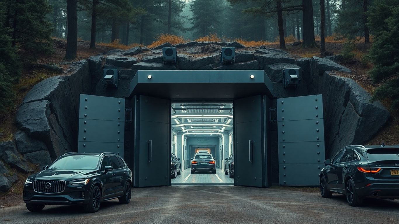 Luxury bunker entrance in forest with high-tech features