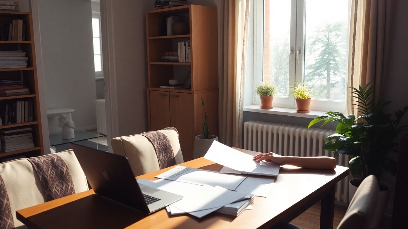 Persona revisando documentos en un apartamento acogedor.