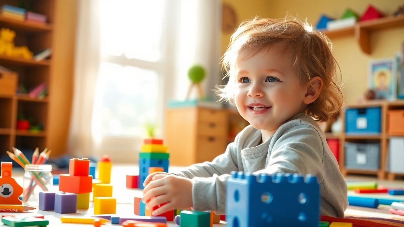 Copil jucându-se cu blocuri colorate și creioane.