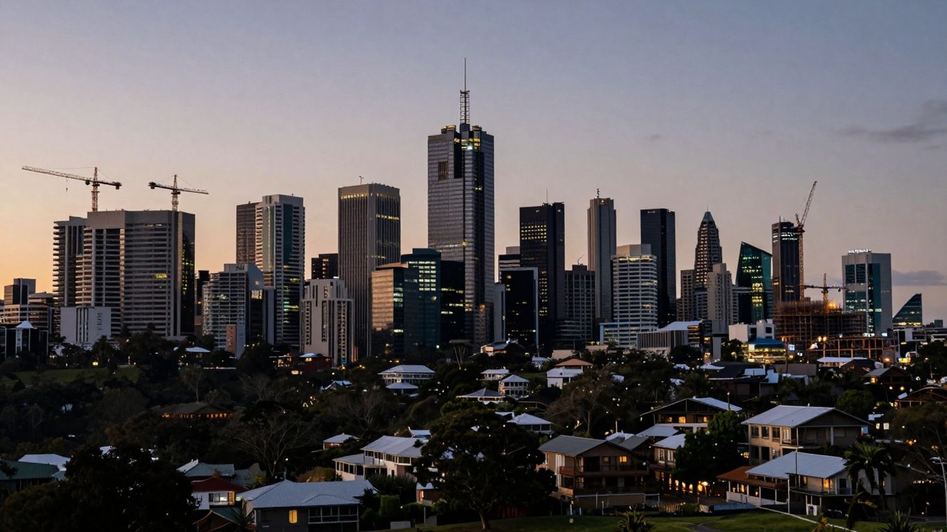 Australian city skyline with dense housing and construction.