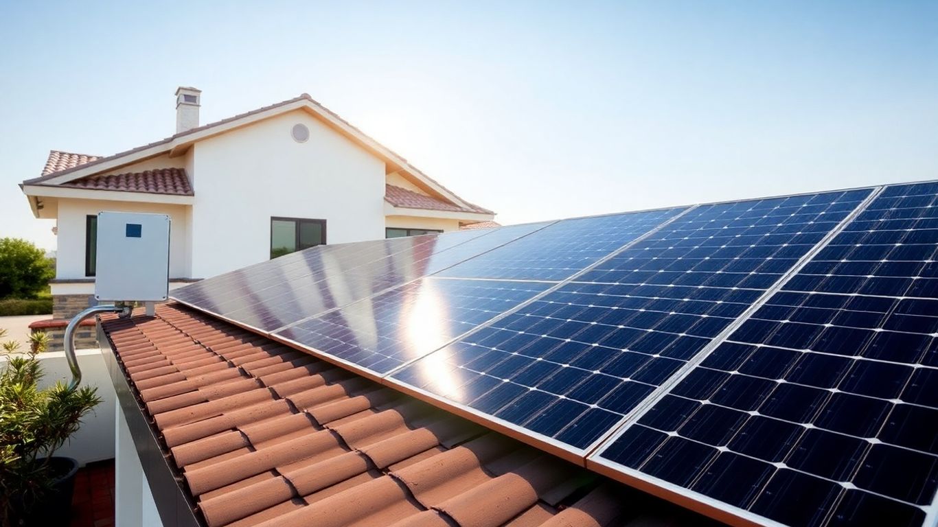 Solar panels on a roof with a battery storage unit.