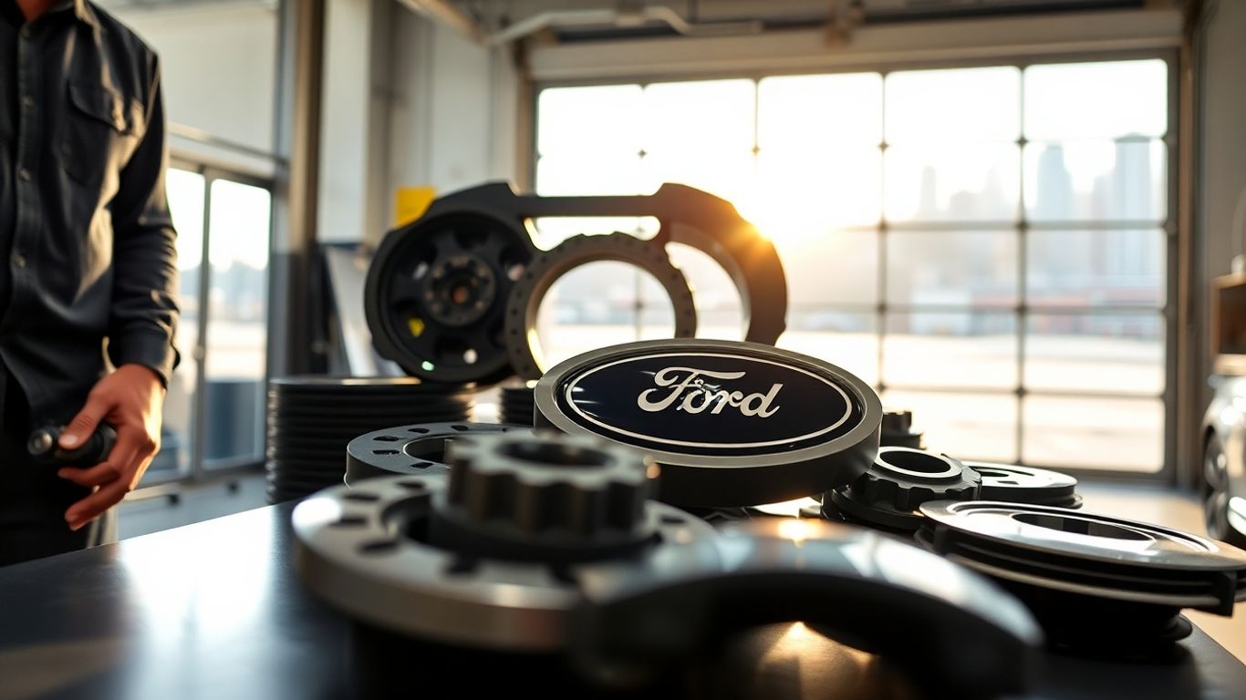 Ford car parts on workbench in Sydney garage.