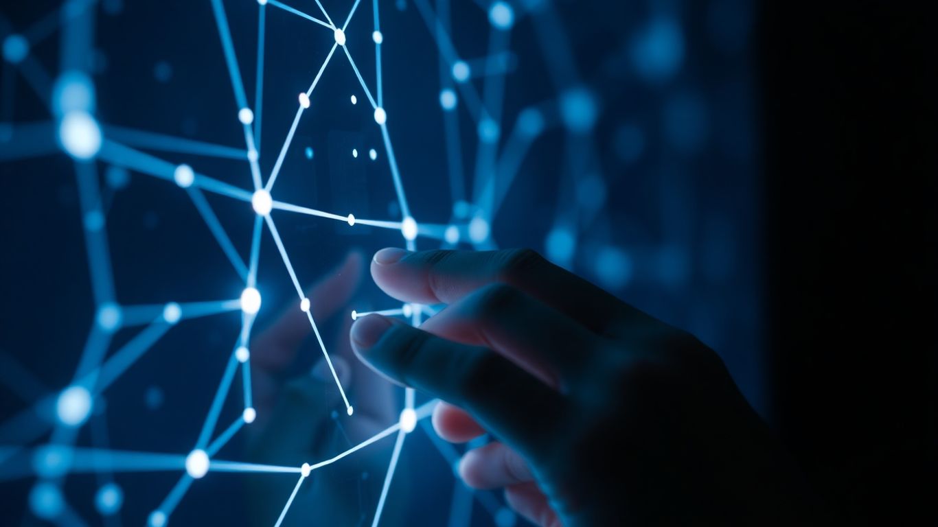 Person's hands interacting with a glowing digital interface.