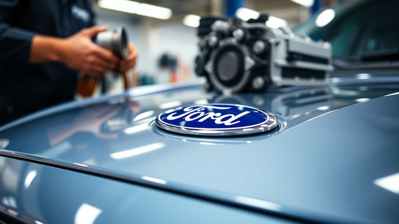 Ford parts and mechanic working on a car.