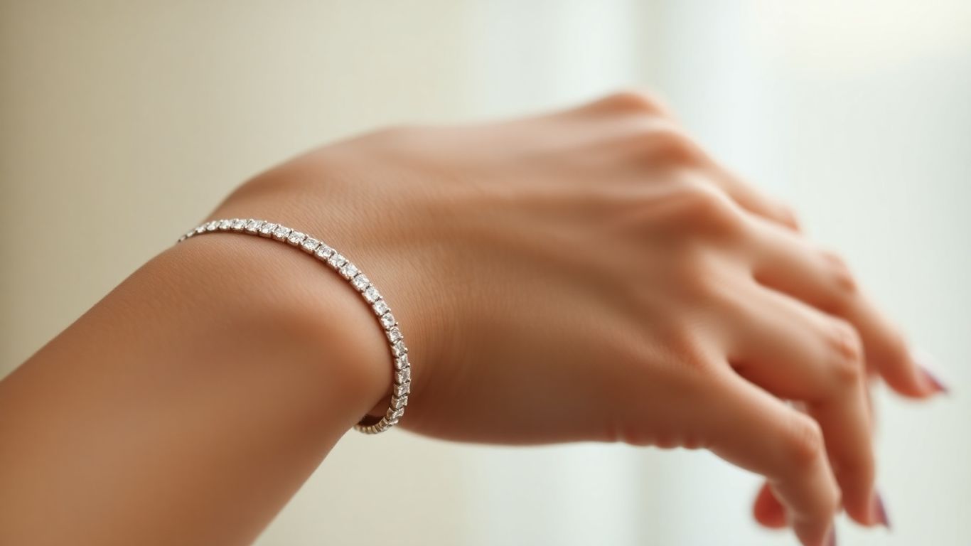 Sparkling diamond tennis bracelet on a woman's wrist.