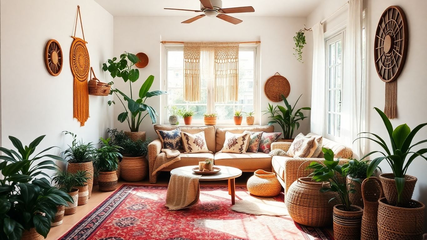 Bohemian living room with plants, rugs, and eclectic decor.