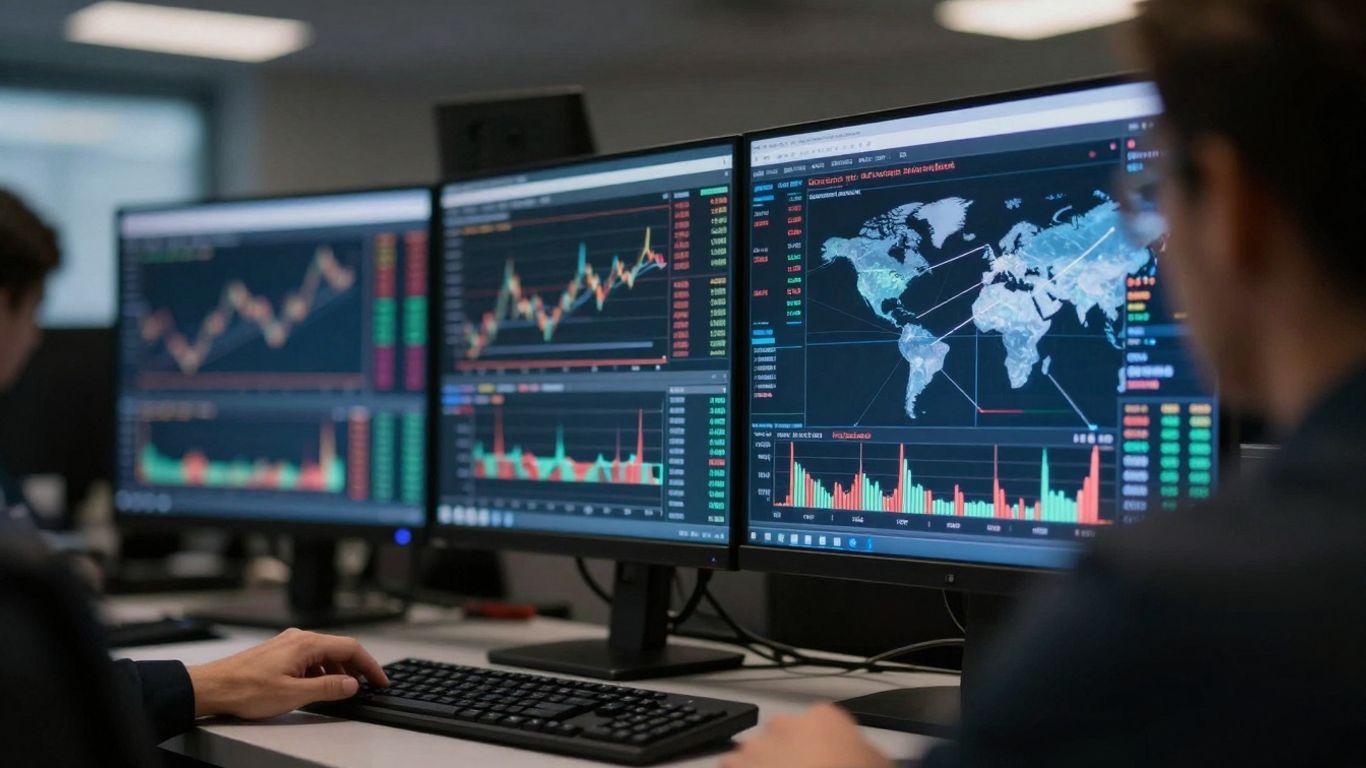 Financial trading desk with market data displays.