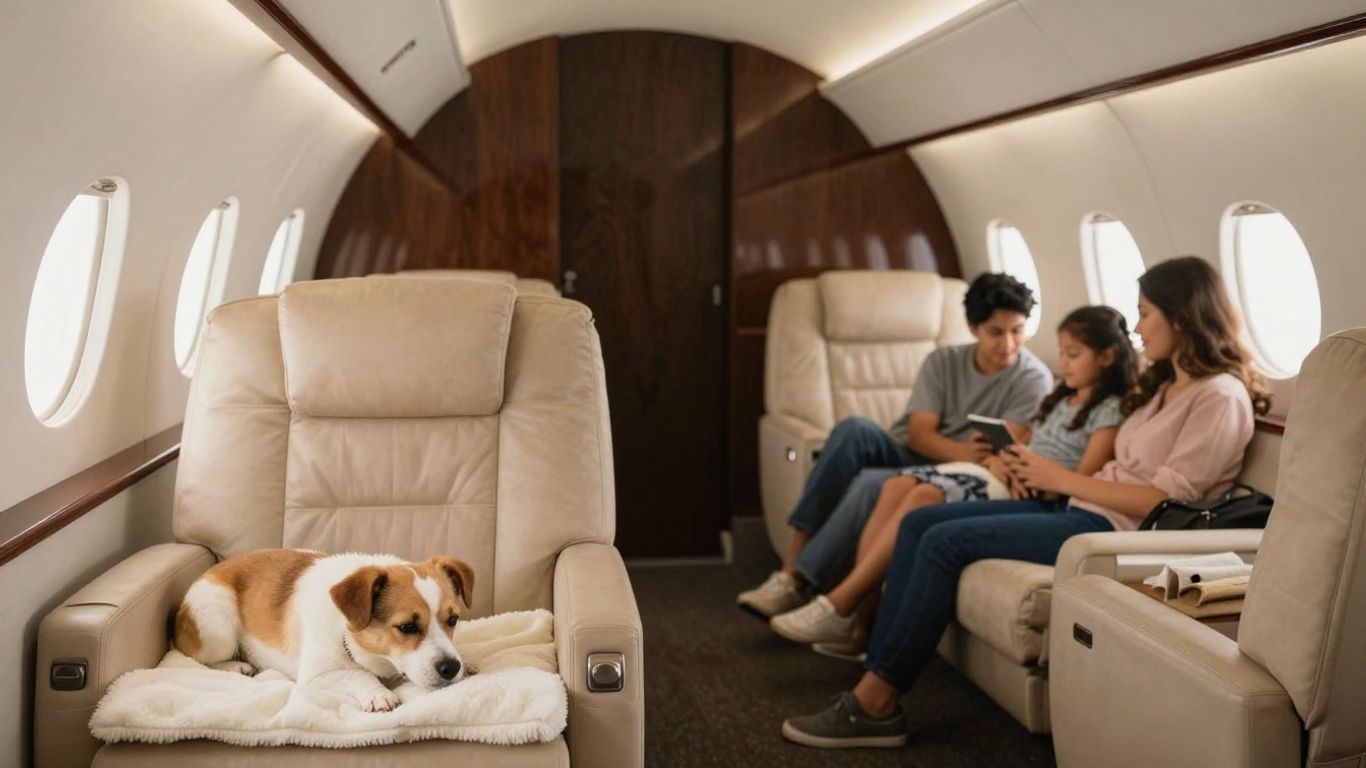 Family and pet relaxing in a luxurious private jet cabin.
