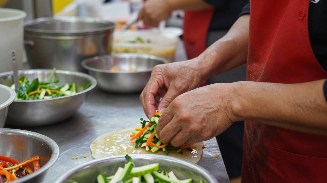 Mâncare stradală preparată igienic de către un vânzător.