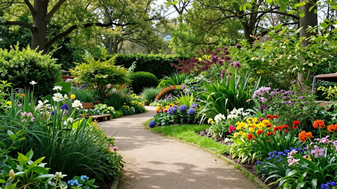 Groene tuinen met kleurrijke bloemen en paden.