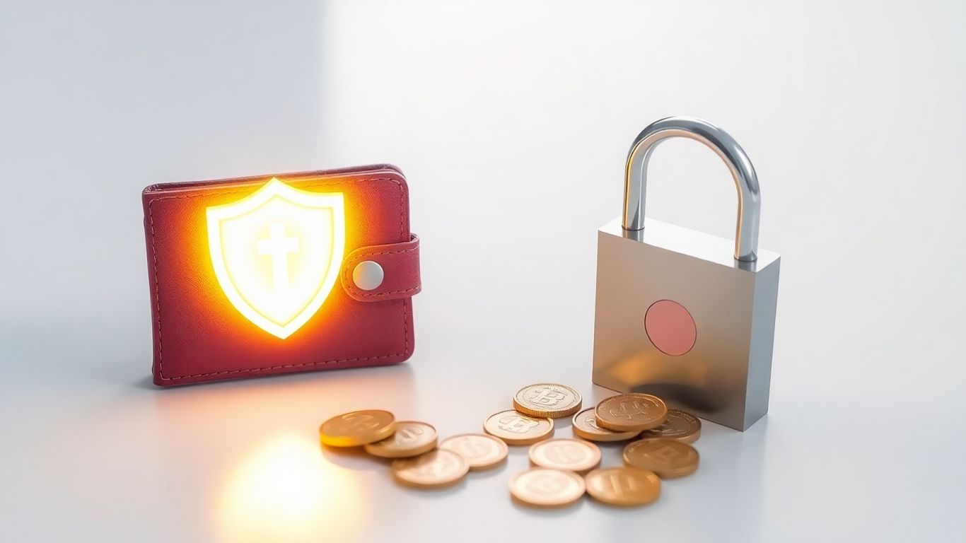 Secure digital wallet with padlock and scattered digital coins.