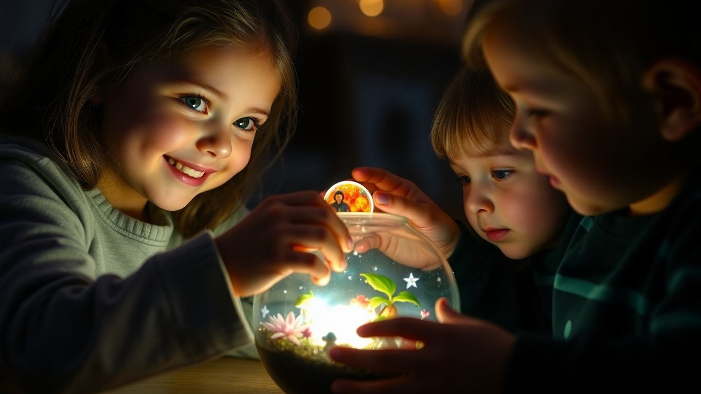 Girl building a glowing terrarium, happy expression.