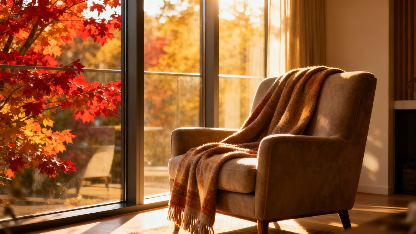 Cozy living room with energy efficient windows in fall.