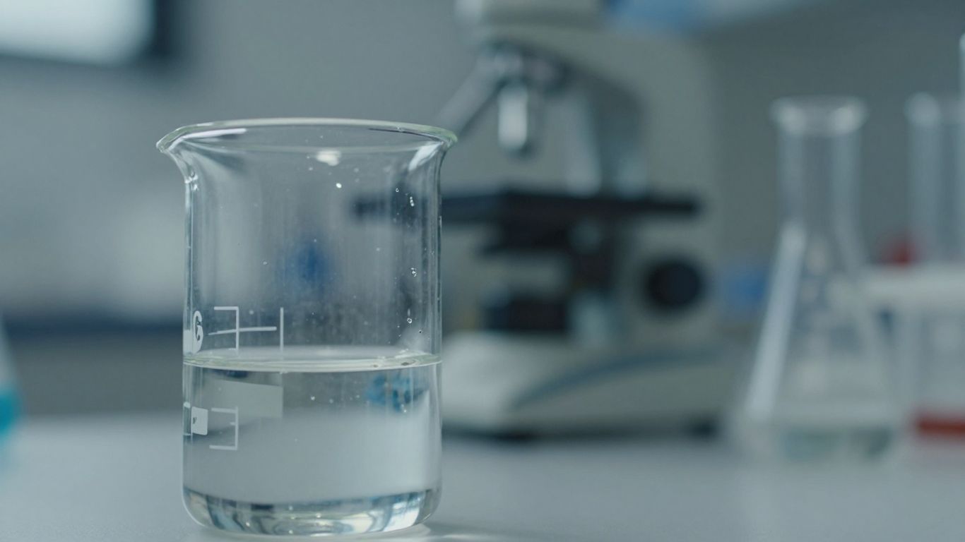 Laboratory beaker with clear liquid and scientific equipment.