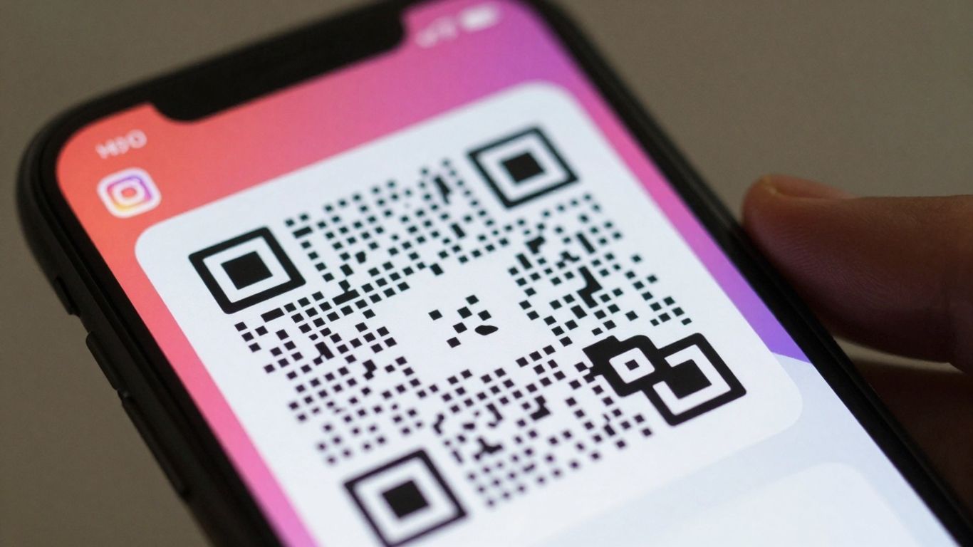 Smartphone displaying Instagram profile with QR code.