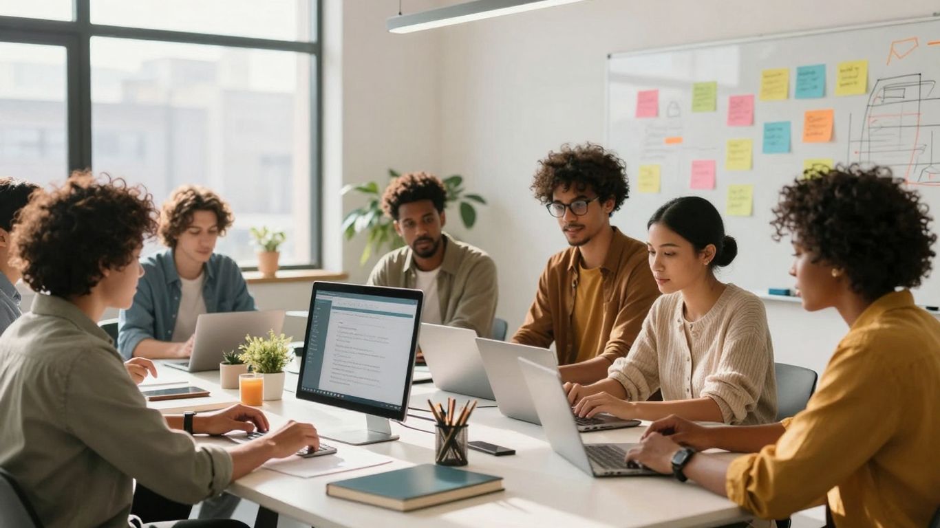 Small business team collaborating on online marketing strategies.